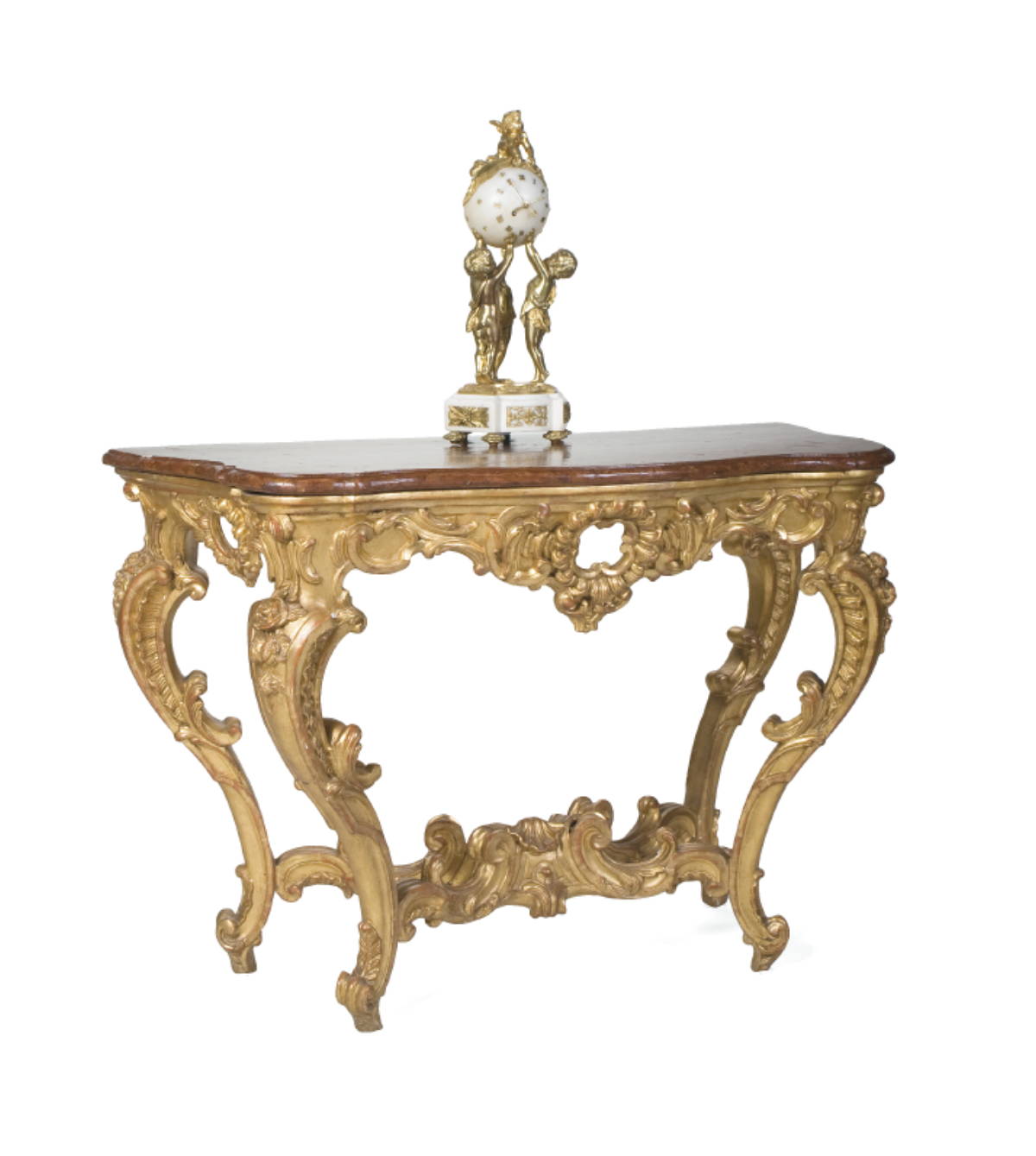 Appraisal: LOUIS XV CARVED GILTWOOD CONSOLE TABLE The serpentine top with