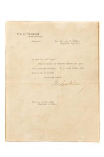 Appraisal: Signed Woodrow Wilson White House Letter American Typed letter of