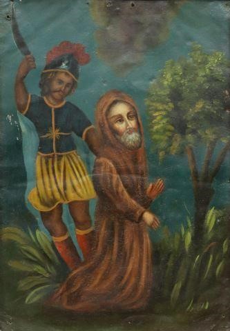 Appraisal: Framed oil on tin retablo Mexico San Caralampio Saint Charalambos