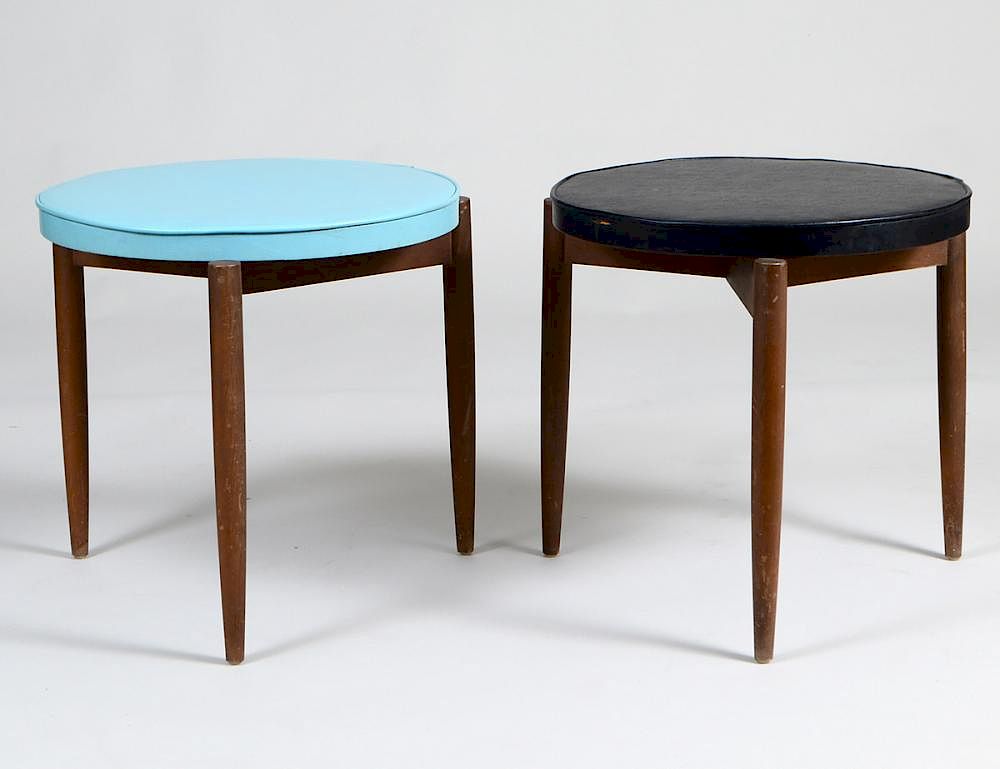 Appraisal: TW LEATHER UPHOLSTERED MAHOGANY CIRCULAR STOOLS Circa One turquoise the