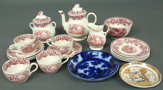 Appraisal: - Child s Staffordshire tea set with red transfer decoration-