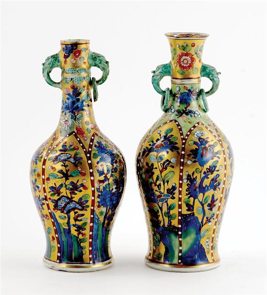 Appraisal: Pair clobber-decorated porcelain vases baluster forms with elephant's mask and