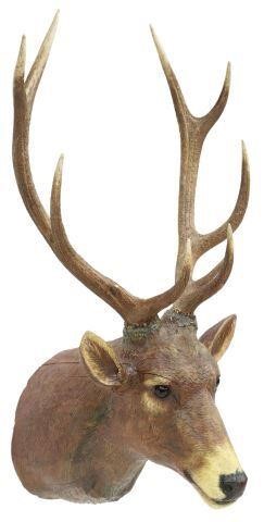 Appraisal: Black Forest style carved wood stag's head trophy mount signed