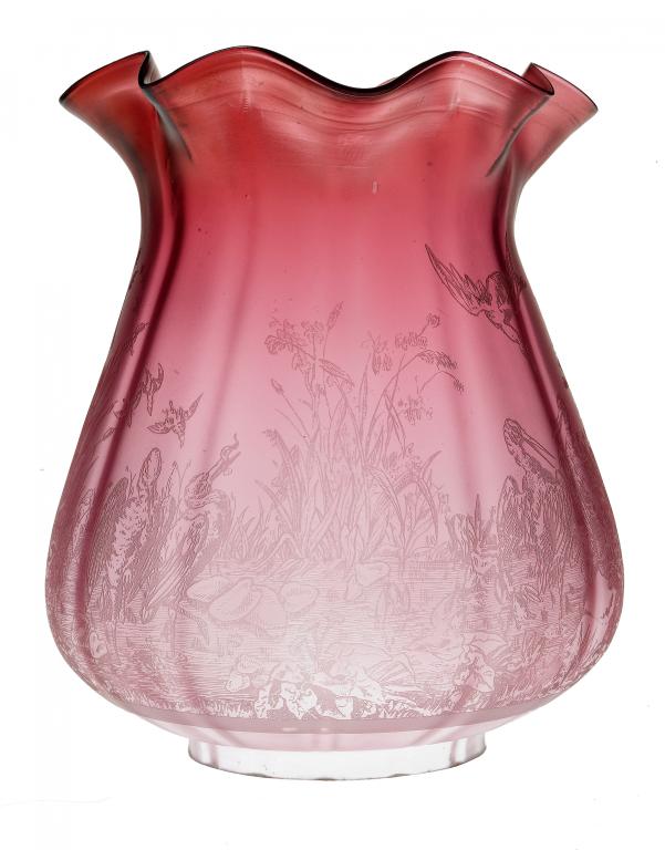 Appraisal: A VICTORIAN ETCHED CRANBERRY GLASS LAMPSHADE with continuous scenes of