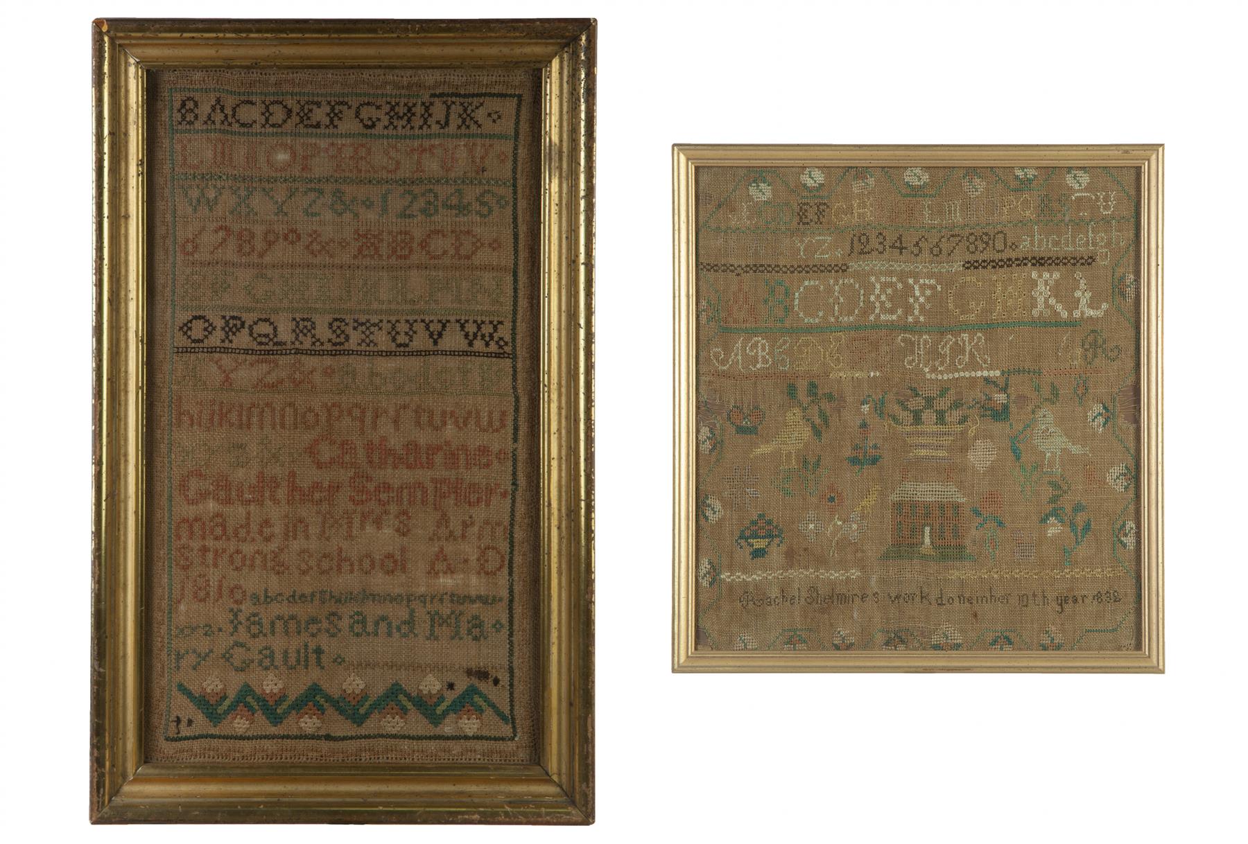 Appraisal: TWO SAMPLERS Silk on linen Alphabets with house surrounded by