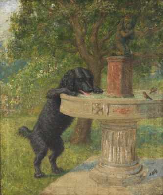 Appraisal: American School th Century Dog drinking from a bird bath