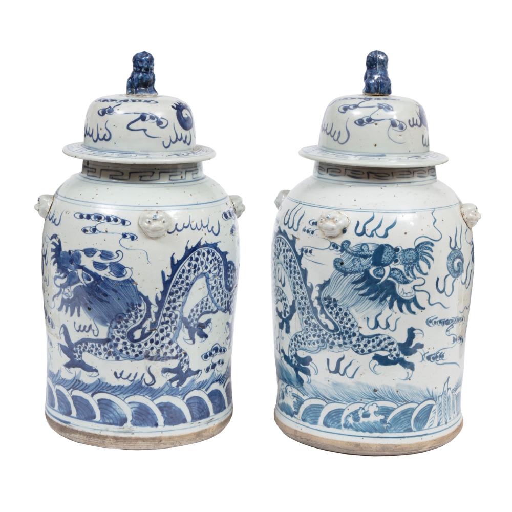 Appraisal: CHINESE BLUE AND WHITE PORCELAIN COVERED JARSPair of Chinese Blue