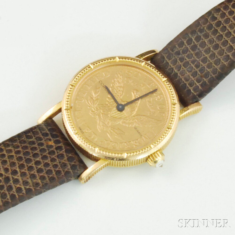 Appraisal: Lady's Corum kt Gold and Gold Coin Wristwatch with black