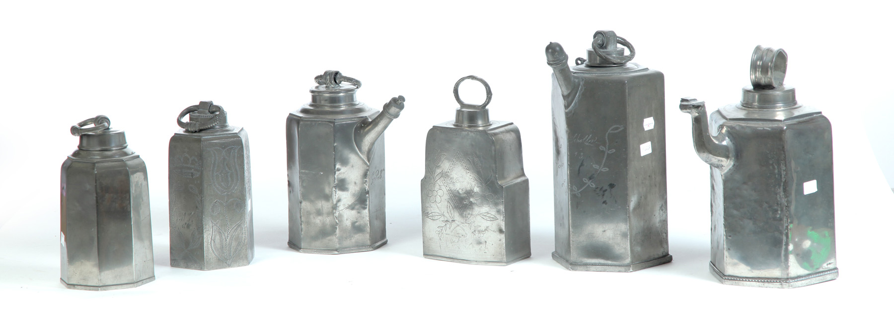 Appraisal: SIX PEWTER GERMAN WINE FLASKS Eighteenth- th century All with