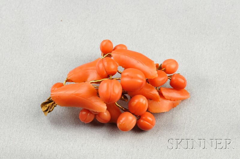 Appraisal: Antique Coral Branch Brooch depicting leaves and berries on a