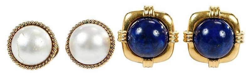 Appraisal: Two Pairs Gold Earclips each with one round cabochon lapis