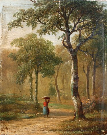 Appraisal: TH C OIL ON WOOD PANEL FOREST SCENE Depicts female