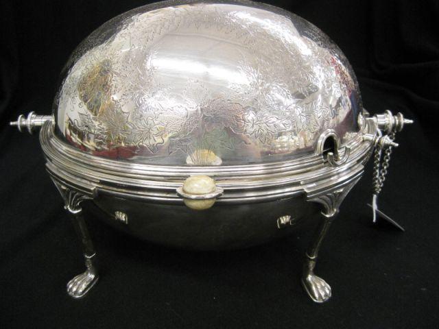 Appraisal: English Silverplate Bun Warmer revolving dome top footed engraved floral