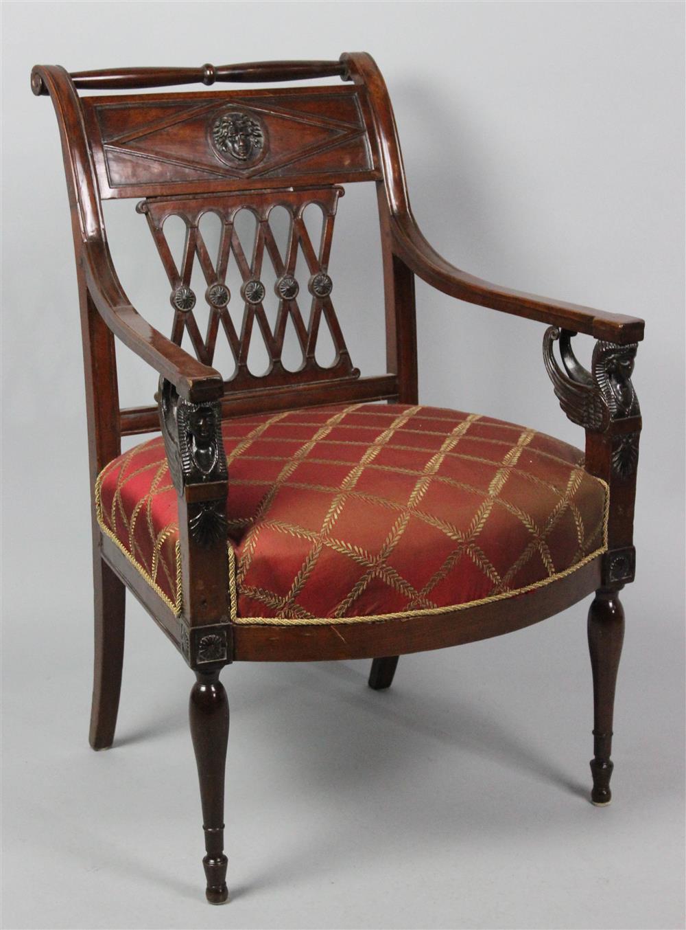 Appraisal: DIRECTOIRE MAHOGANY FAUTEUIL LATE TH CENTURY POSSIBLY BY JACOB FRERES