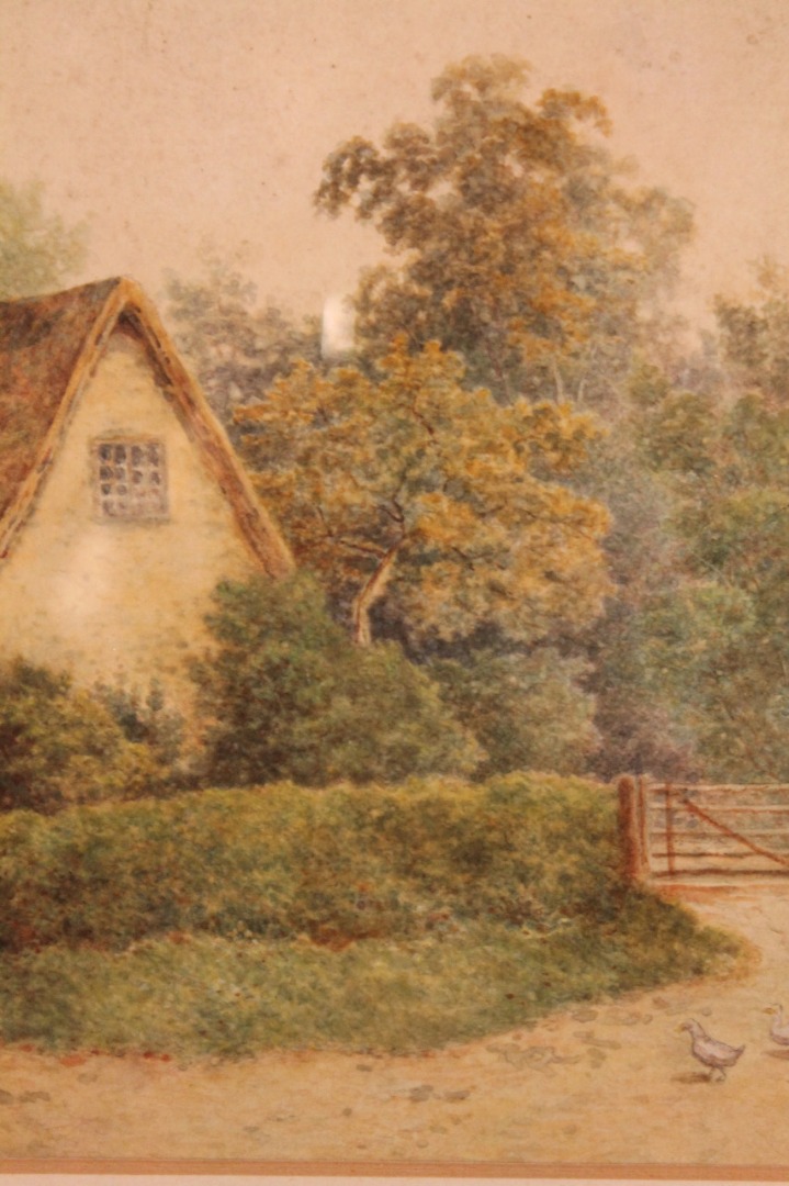 Appraisal: A Thomas thC Figures before a tree line cottage watercolour