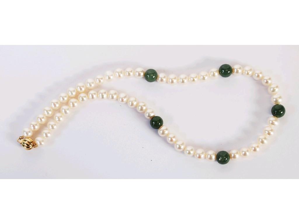 Appraisal: CHINESE CULTURED PEARL AND JADE SINGLE STRAND NECKLACE OF FORTY