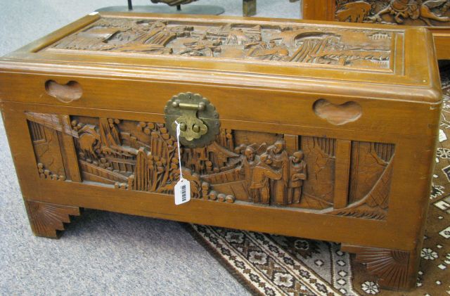 Appraisal: Vintage Oriental carved chest long deep high relief carved on