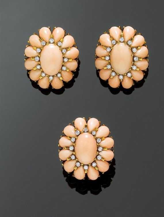 Appraisal: ENGELSHAUT CORAL AND BRILLIANT-CUT DIAMOND CLIP EARRINGS AND RING ca