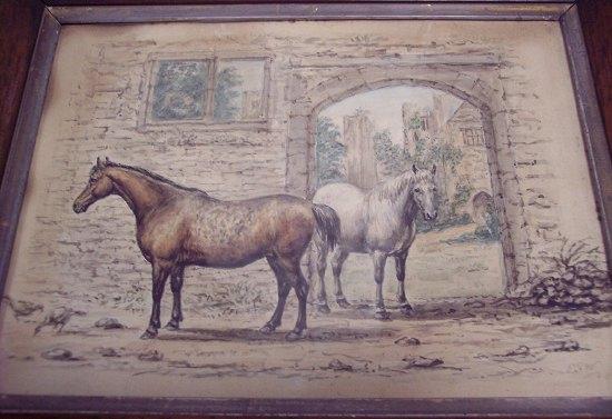 Appraisal: E J WPonies in a Ruinous Landscapeinitialledwatercolour cm x cm