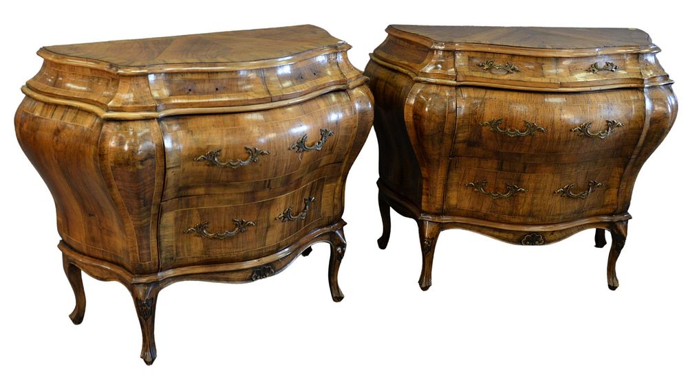 Appraisal: Pair Louis XV Style Inlaid Commodes Bombay form one brass