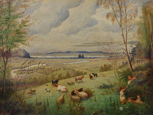 Appraisal: A MACKINNONLandscape with cattle and sheep two young girls picking