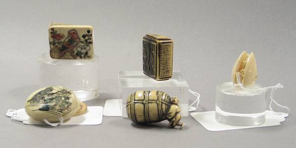 Appraisal: Five netsuke Including two Shibayama style ivory manju severe losses