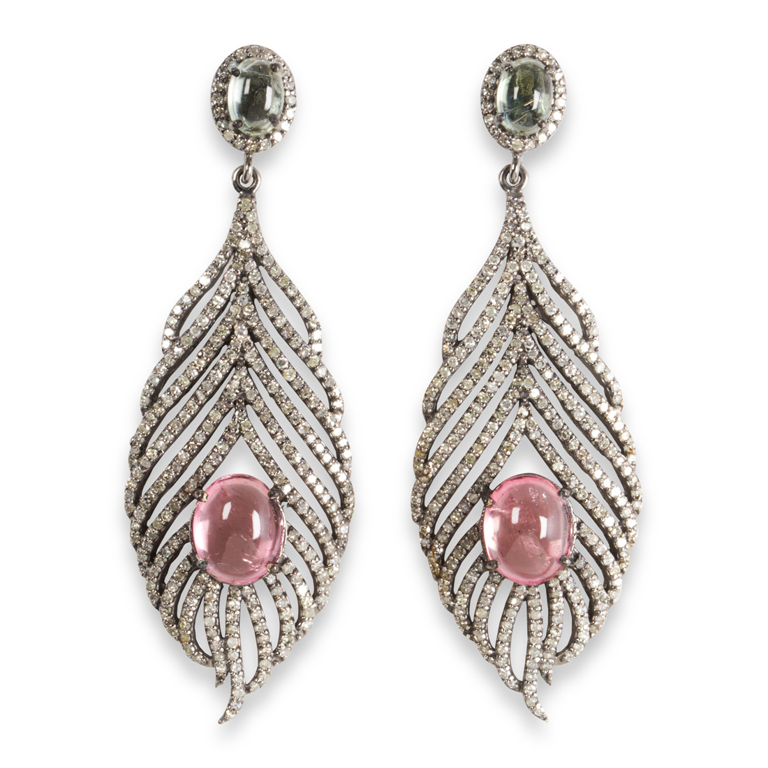 Appraisal: A PAIR OF DIAMOND AND TOURMALINE PENDANT EARRINGS A pair