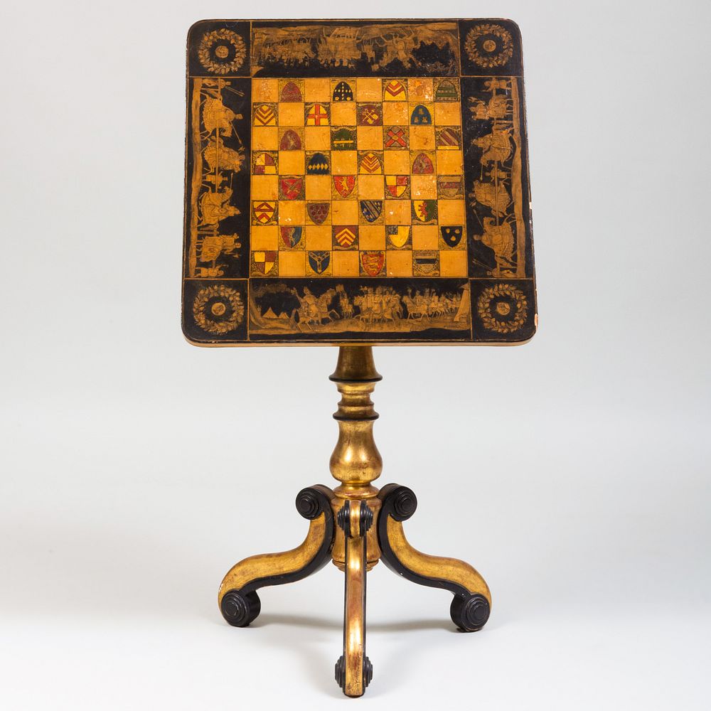 Appraisal: Regency Penwork Painted and Parcel Gilt Tilt-Top Games Table x