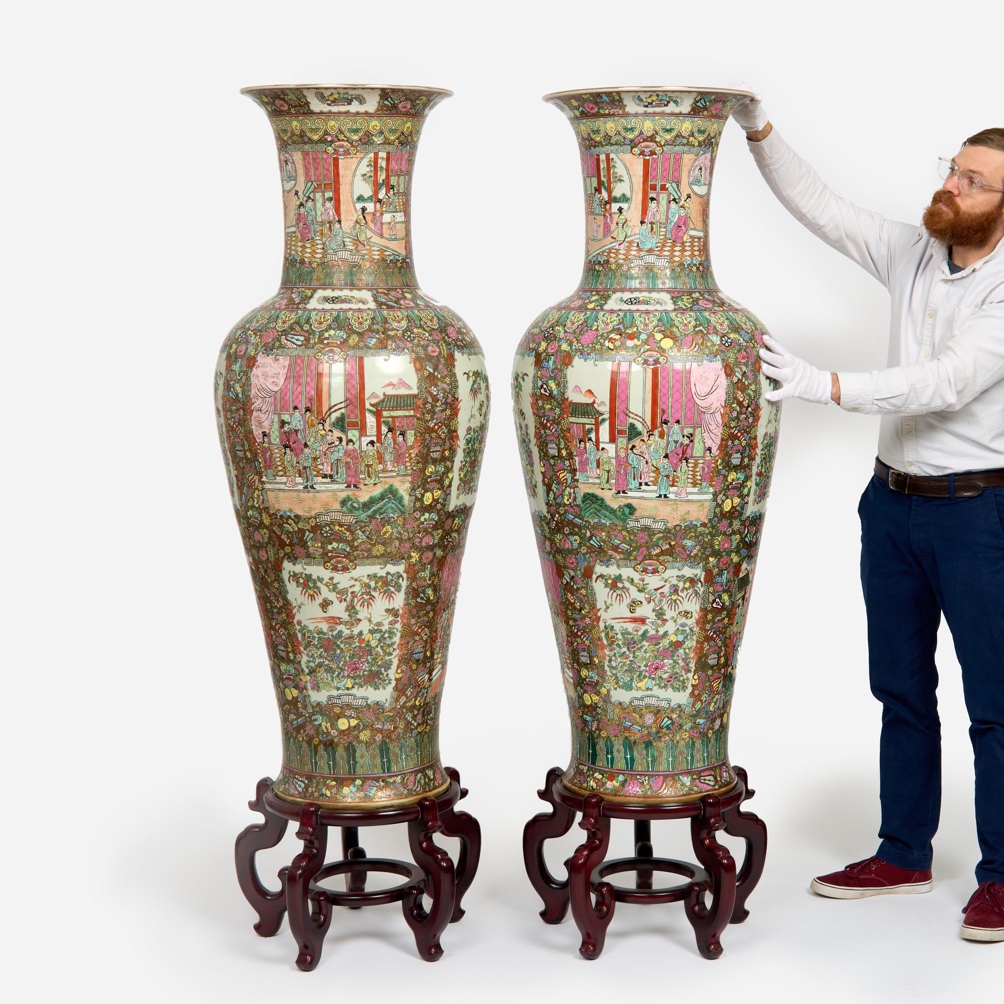 Appraisal: MONUMENTAL PAIR OF ROSE MEDALLION PALACE VASES A vintage pair