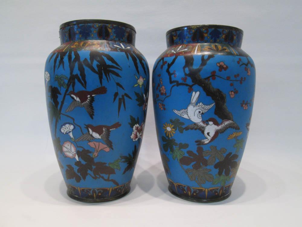 Appraisal: PAIR JAPANESE CLOISONNE VASES late Meji period with birds and