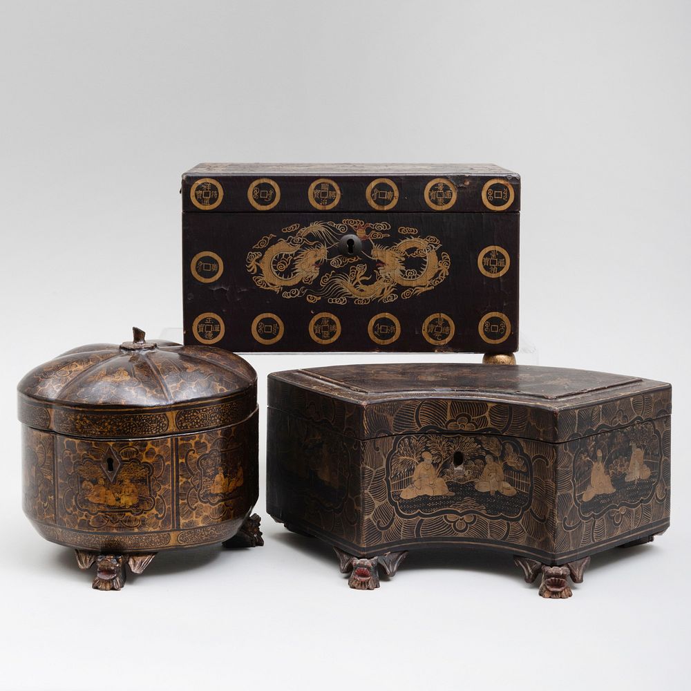 Appraisal: Three Chinese Export Lacquer Tea Caddies Comprising A rectangular caddy