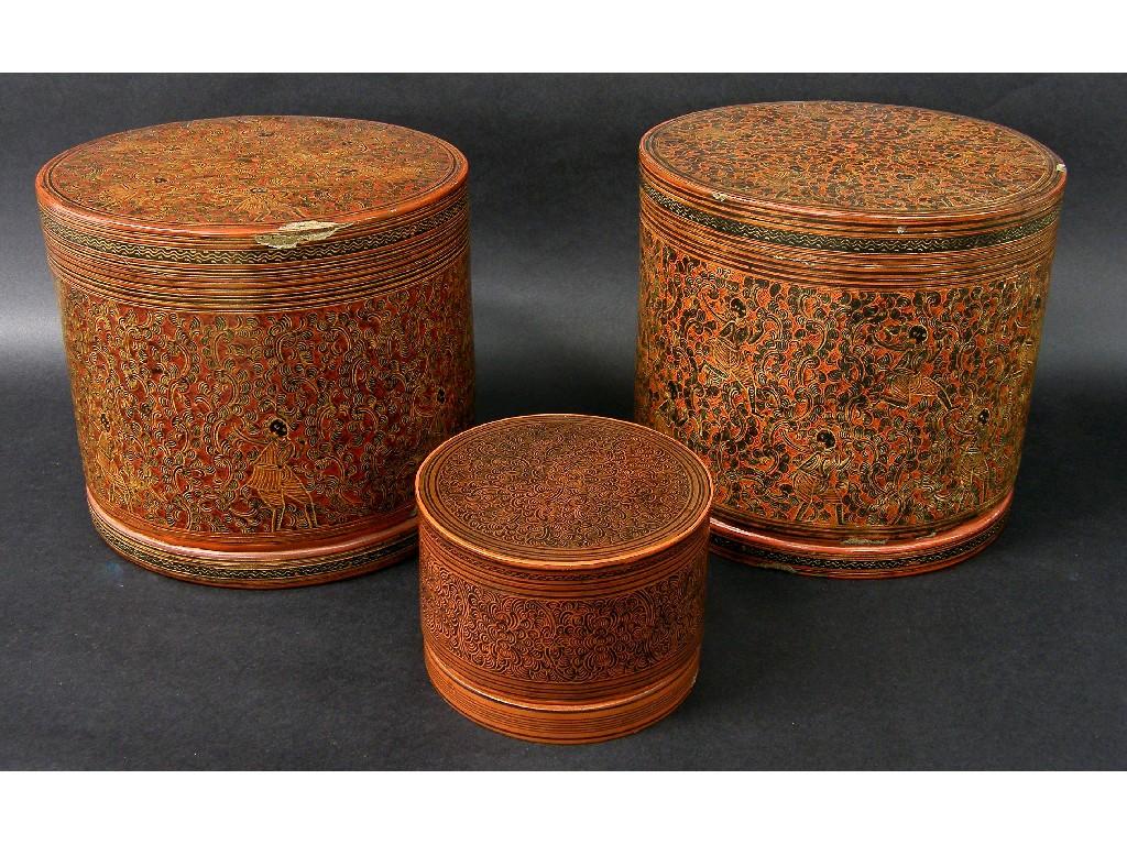 Appraisal: Two similar Burmese papier mache cylindrical boxes and covers decorated