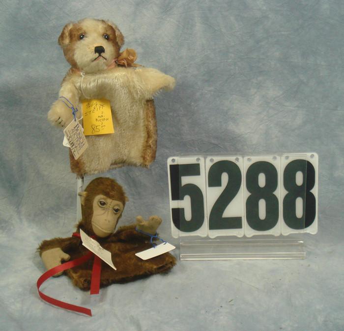 Appraisal: Steiff monkey dog hand puppets no ids the dog has