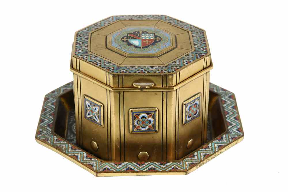 Appraisal: BOX - Octagonal gilded bronze and champleve enamel box with