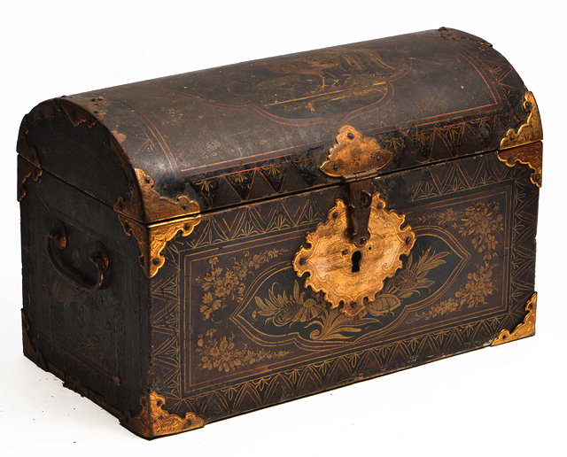 Appraisal: AN ORIENTAL BLACK LACQUERED DOME TOPPED CASKET with engraved gilt