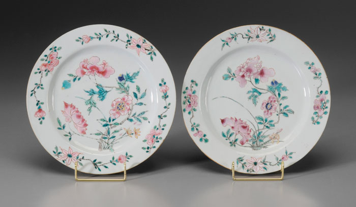 Appraisal: Pair Export Porcelain Plates Chinese th century famille rose peonies