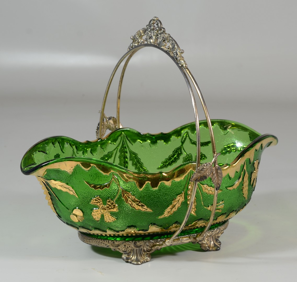 Appraisal: Delaware green and gold glass brides basket in a Warren