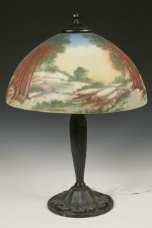 Appraisal: GLASS DOME TABLE LAMP WITH PAINTED WOOD SCENE Unmarked s