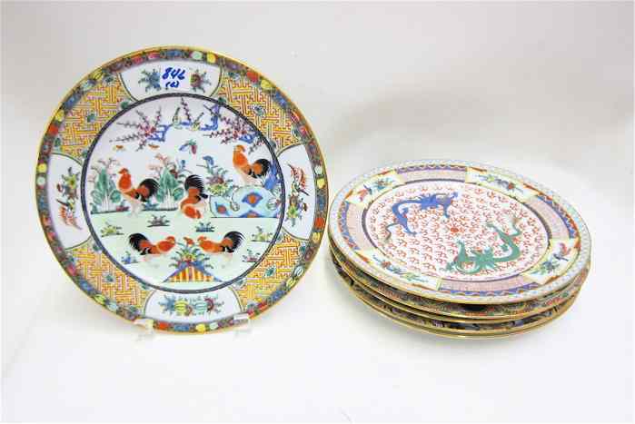 Appraisal: SIX CHINESE PORCELAIN DINNER PLATES hand enameled with roosters dragon