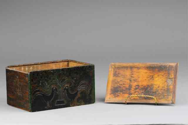 Appraisal: FOLK ART PAINTED BOX Wood box has etched birds on