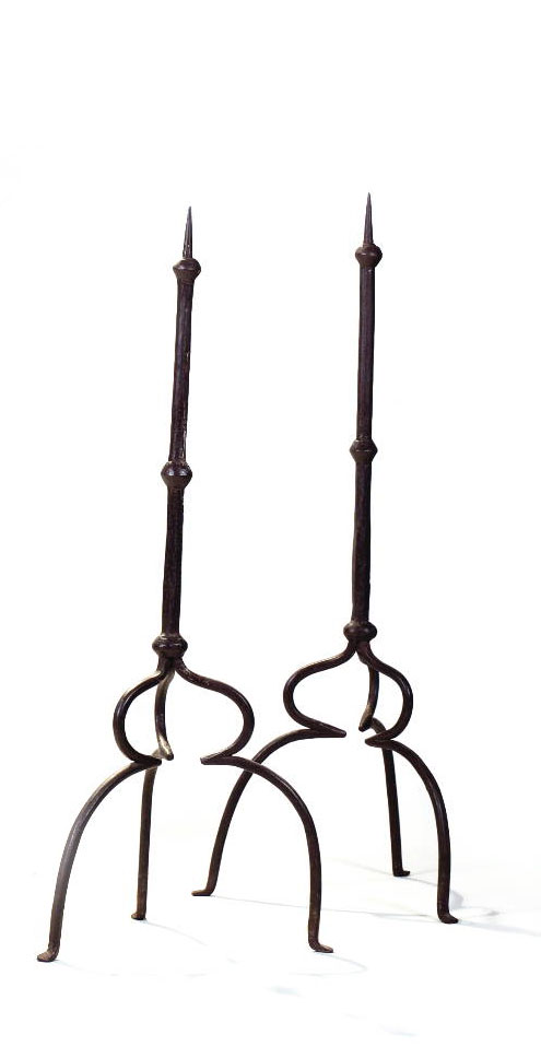 Appraisal: PAIR OF CONTINENTAL WROUGHT-IRON PRICKET CANDLESTANDS EACH RAISED ON A