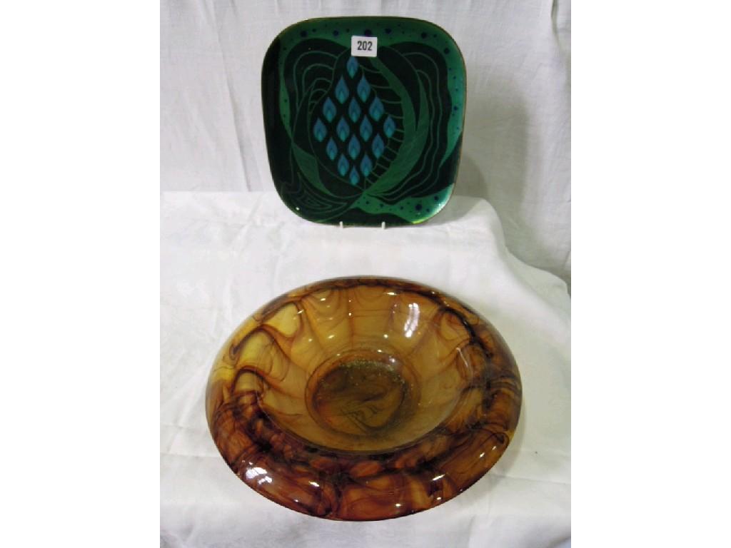 Appraisal: An unusual enamelled copper dish of square shaped form with