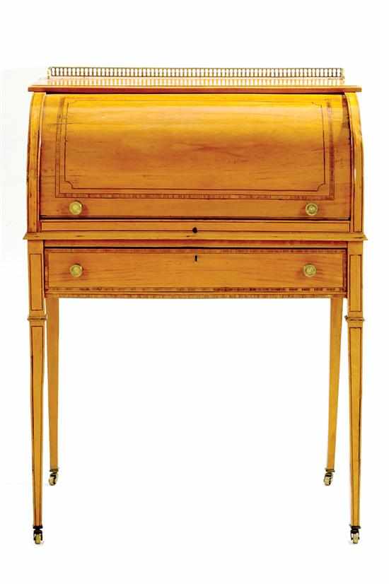 Appraisal: Edwardian inlaid satinwood cylinder roll-top desk circa rectangular top with