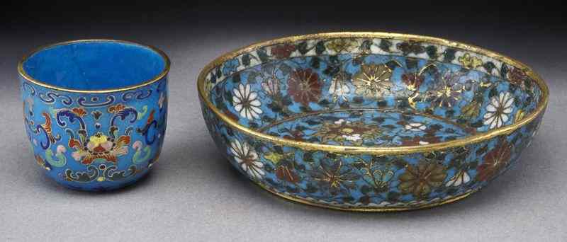 Appraisal: Chinese Qing cloisonne bowlsdepicting lotus and chrysanthemum '' Dia ''