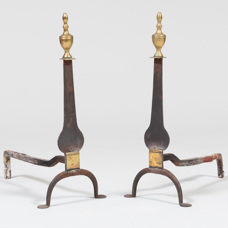 Appraisal: Pair of Federal Brass and Wrought-Iron Knife Blade Andirons x