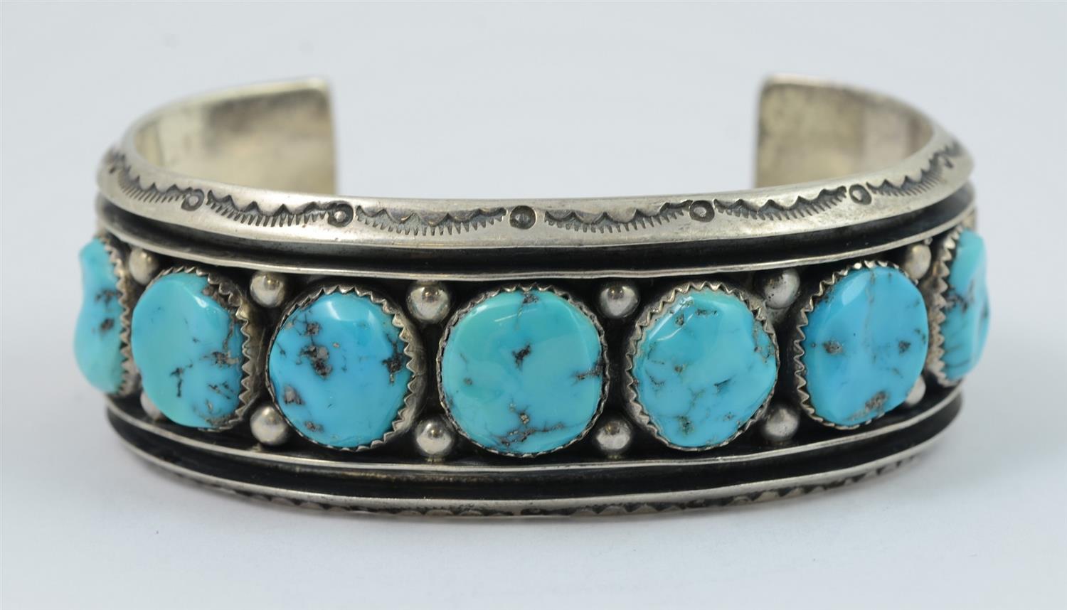 Appraisal: Bennie Touchine Navajo sterling stampwork cuff bracelet set with turquoise