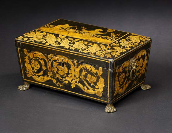 Appraisal: Attractive Regency Gilt-Brass-Mounted Black-and-Gold Lacquer Jewel Casket of sarcophagus form