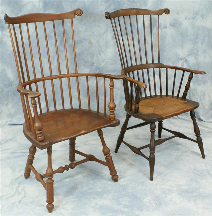 Appraisal: comb back Windsor style armchairs one with rush seat h