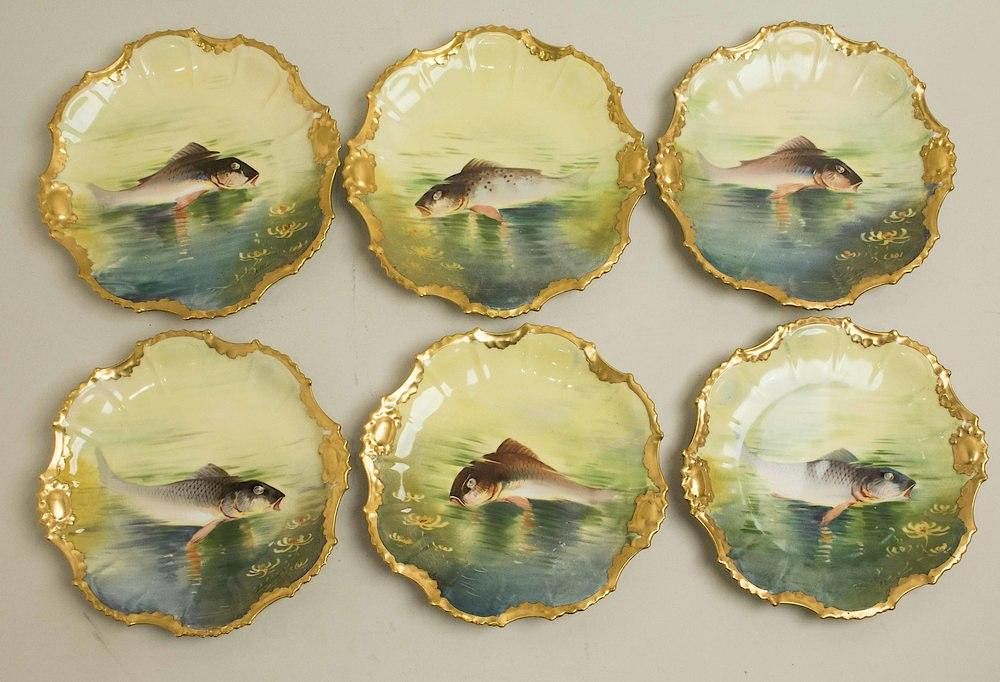 Appraisal: Six Limoges Coronet Porcelain Fish Plates Six Limoges Coronet porcelain