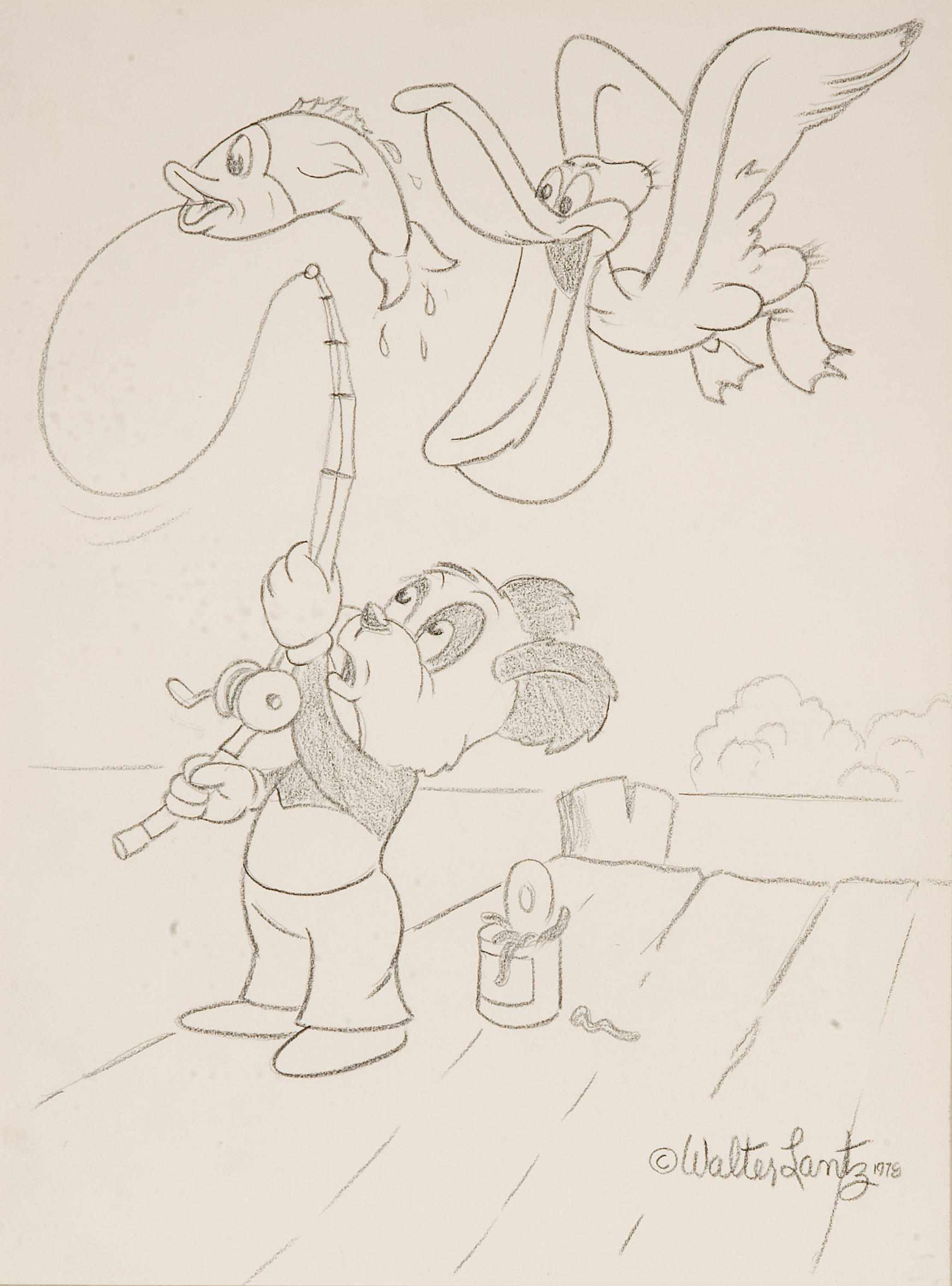 Appraisal: A Walter Lantz drawing of Andy Panda fishing graphite on